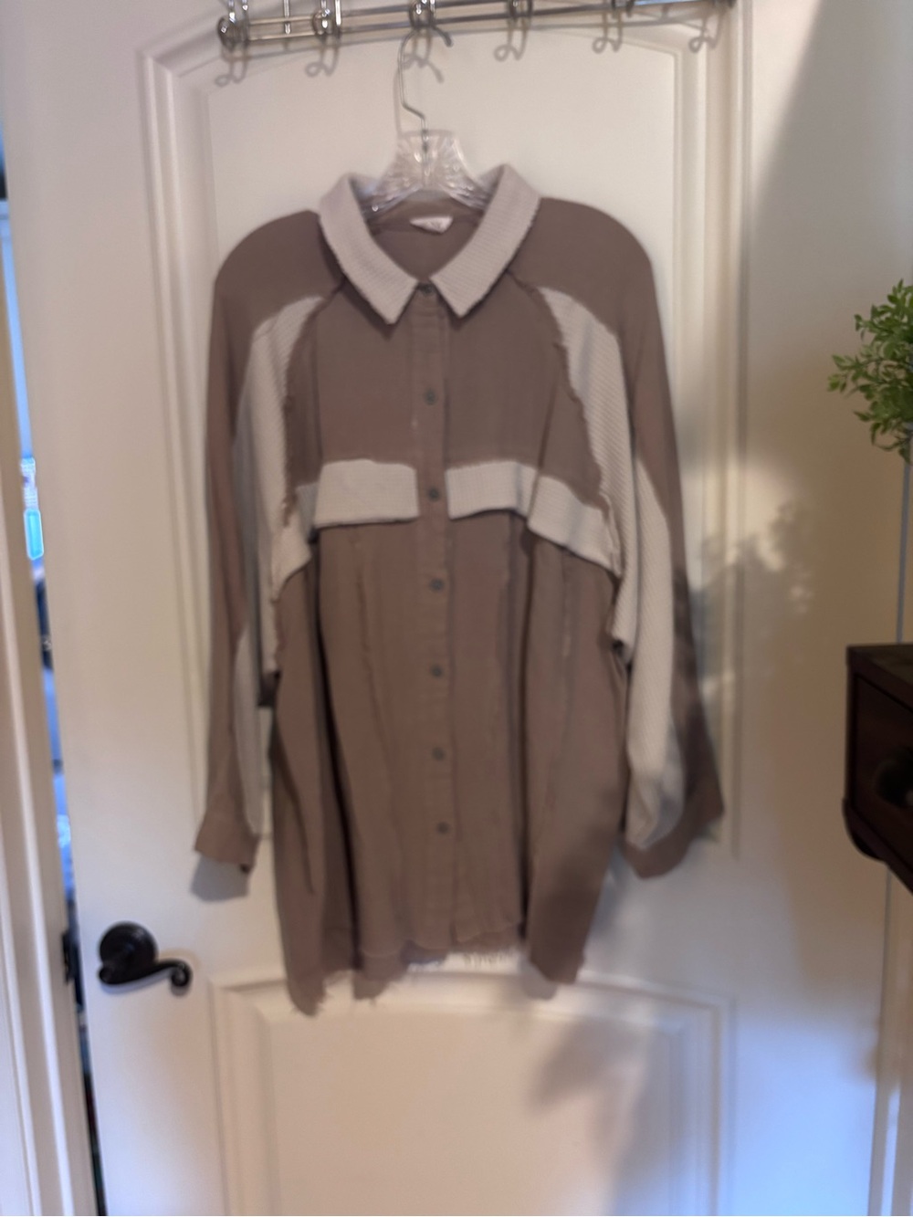 POL Two-Tone Taupe and Cream Casual Button-Down Shirt